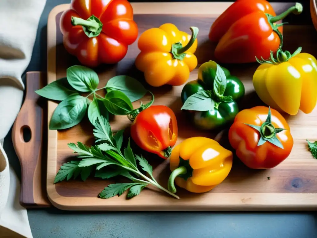 Una composición vibrante de ingredientes orgánicos para recetas tagine, con tomates, pimientos, hierbas aromáticas y especias, sobre una tabla rústica