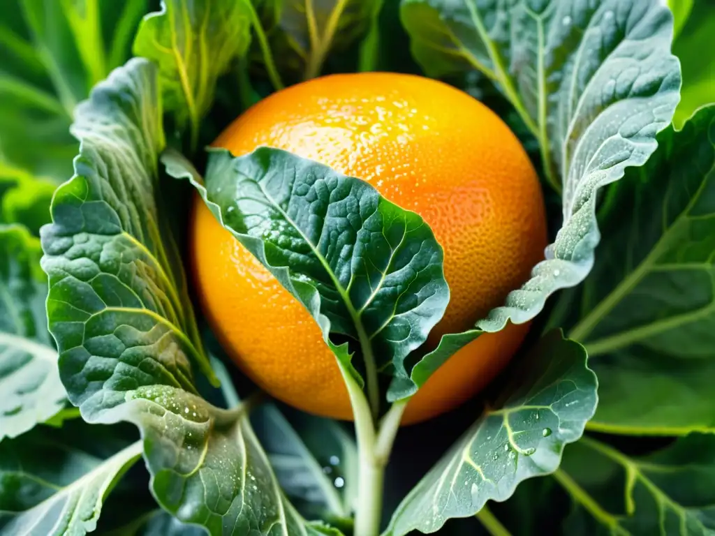 Una composición vibrante de naranja madura sobre hojas de kale, resaltando los beneficios de alimentos orgánicos para energía