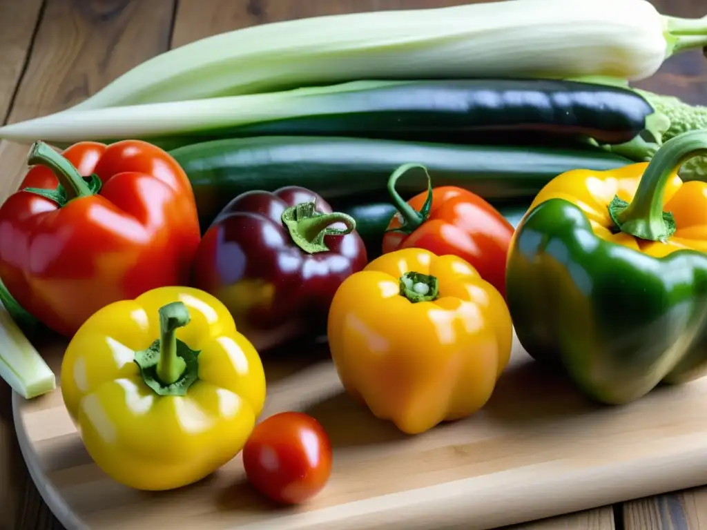 Una composición vibrante de vegetales frescos orgánicos sobre tabla de cortar, iluminada naturalmente