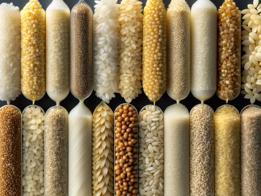 Una composición visual de cereales integrales orgánicos desglose nutricional, capturada en detalle ultrarrealista y bañada en suave luz natural