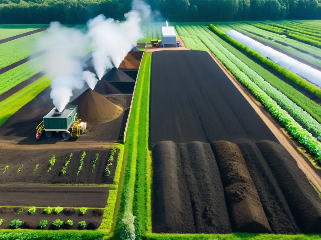 Producción de compost orgánico: instalación moderna rodeada de naturaleza, trabajadores cuidando de los montones de compost con vapor