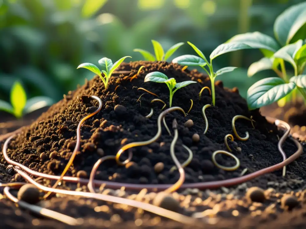 Un compost orgánico próspero, con tierra oscura llena de lombrices y microorganismos beneficiosos