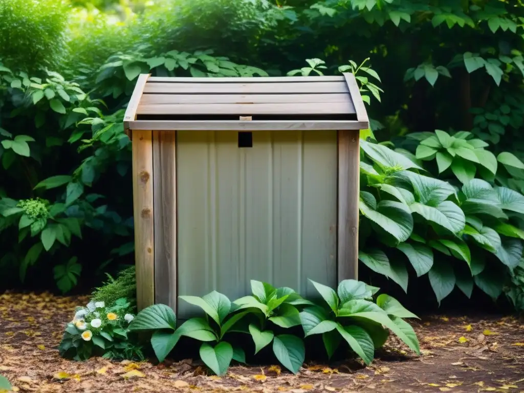 Un compostador rústico rodeado de vegetación exuberante