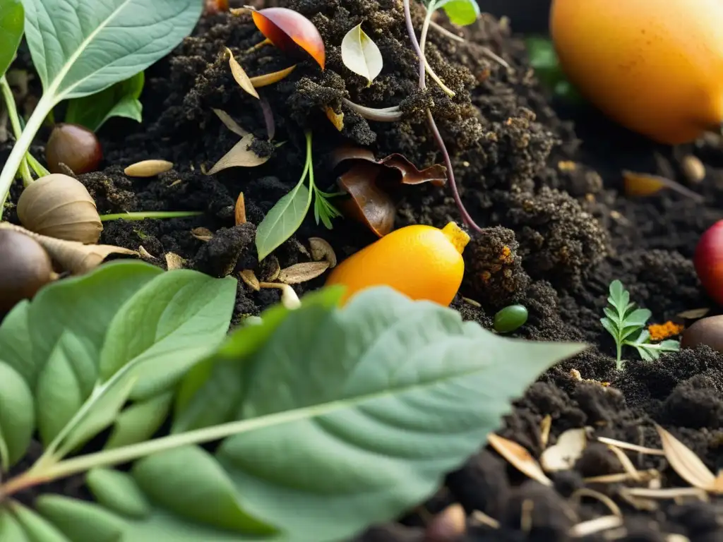 Compostaje para agricultura orgánica sostenible: closeup de pila de compost en descomposición con materiales orgánicos y luz natural