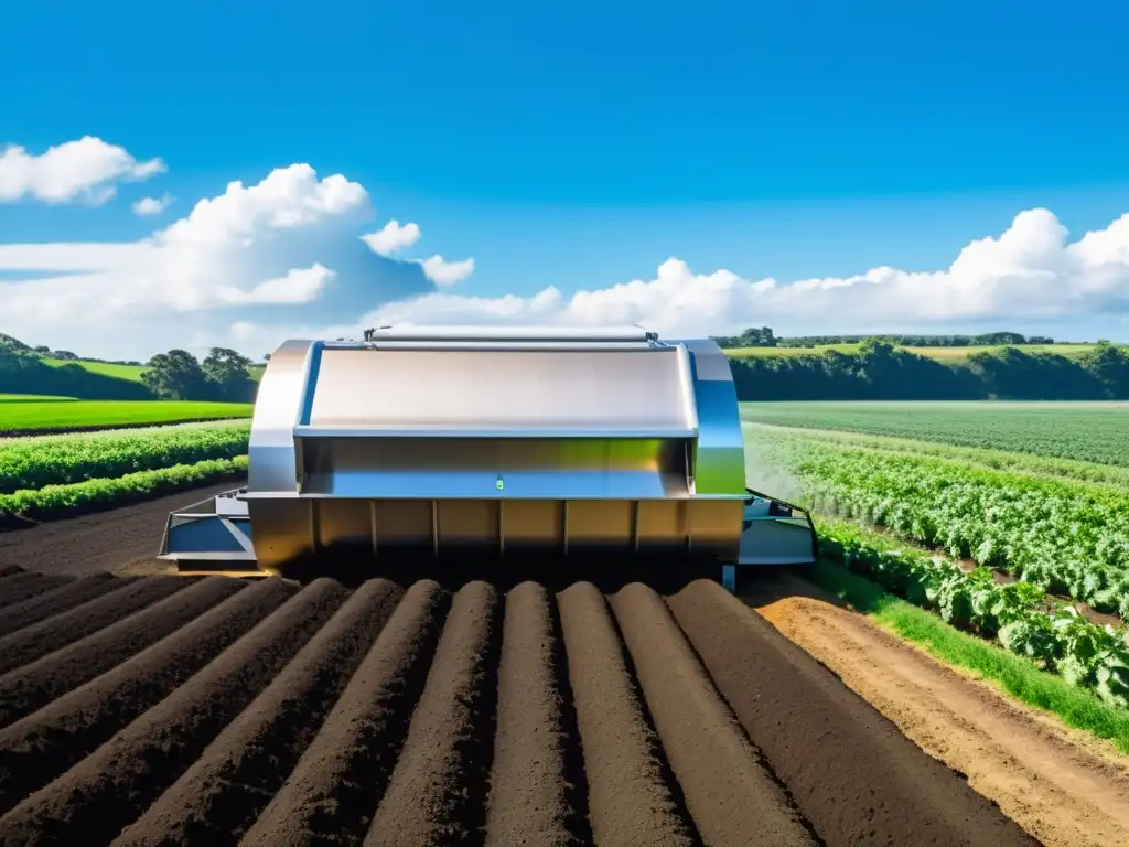 Automatización del compostaje en una granja orgánica bañada por el sol, con montones de compost oscuro y cultivos verdes hasta el horizonte