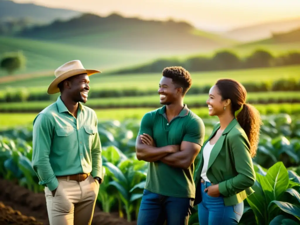 Compromiso de jóvenes agricultores en una producción orgánica abundante y vibrante en una granja exuberante