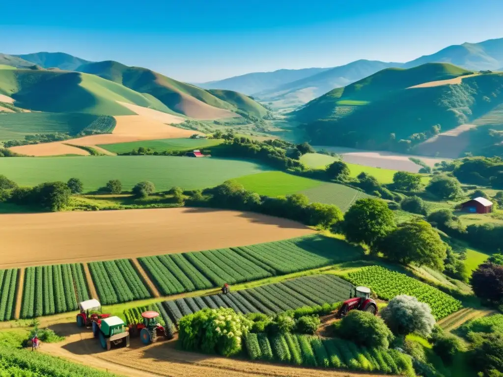 Una comunidad diversa de activistas y agricultores colaborando en una granja orgánica, rodeados de naturaleza exuberante y un cielo azul