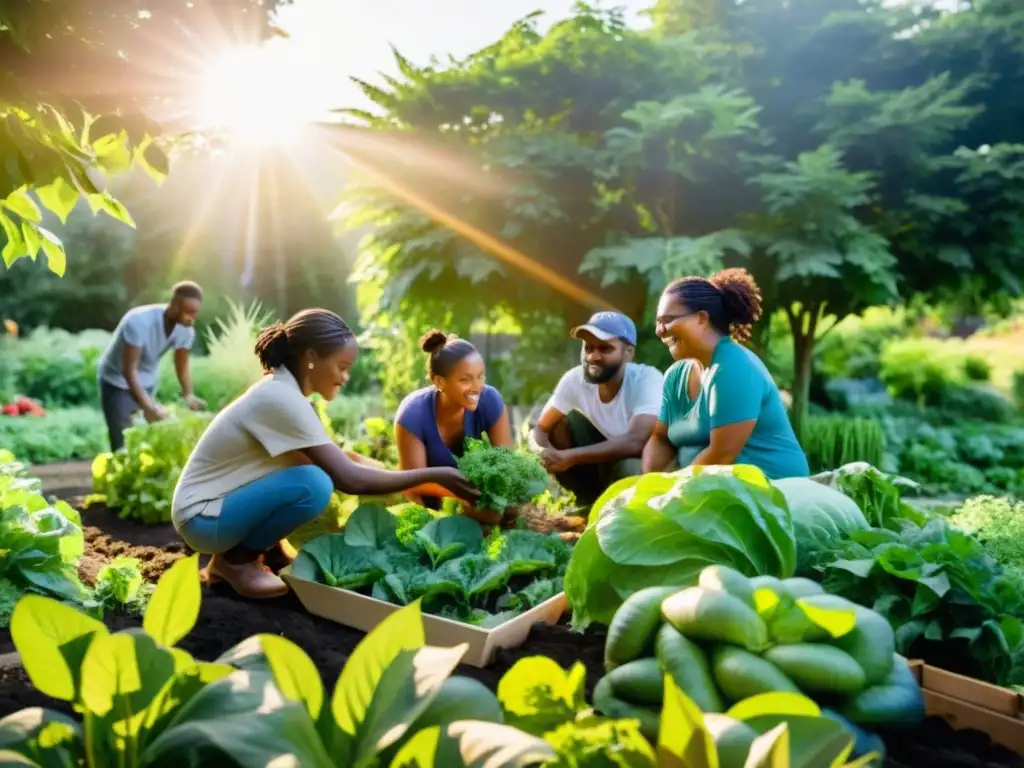 Comunidad diversa trabajando en jardín orgánico local, unidos en movimientos sociales agricultura orgánica local