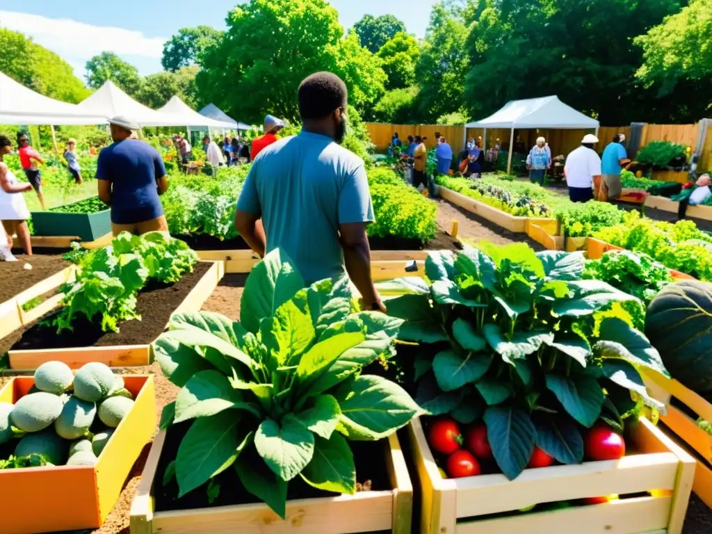 Un jardín comunitario vibrante y diverso, repleto de frutas y verduras orgánicas