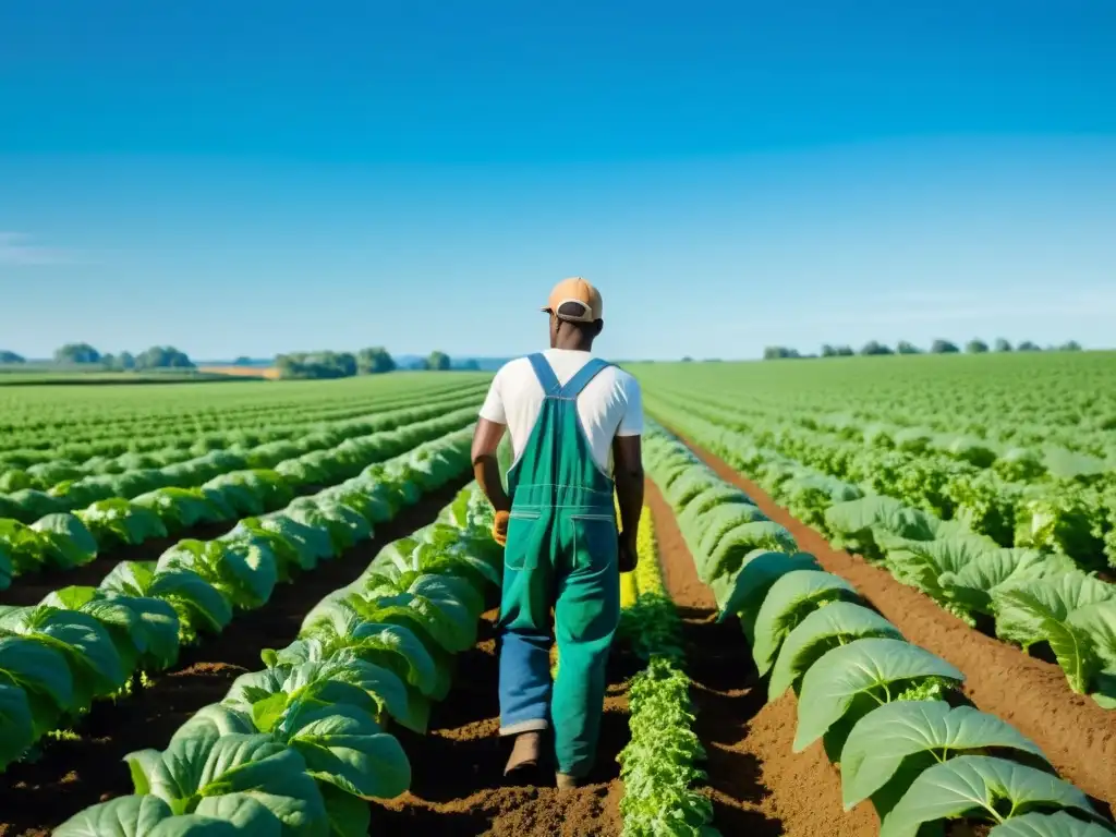 Conectividad rural en agricultura orgánica: Un agricultor cuida con esmero sus cultivos en una granja orgánica, bajo un cielo azul y verde exuberante