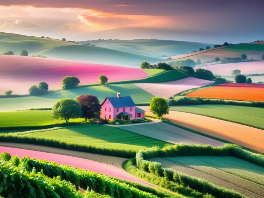 Conectividad rural en agricultura orgánica: Atardecer en una granja con campos verdes y una casa rústica, brindando tranquilidad y abundancia