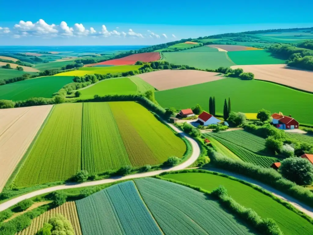 Conectividad rural en agricultura orgánica: Paisaje rural con granjas orgánicas coloridas, campos verdes y granjero trabajando en huerto