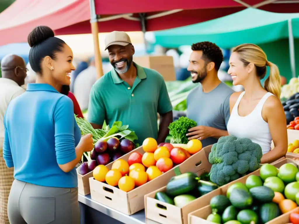 Consumidores diversificados exploran productos orgánicos en un mercado, reflejando interés genuino