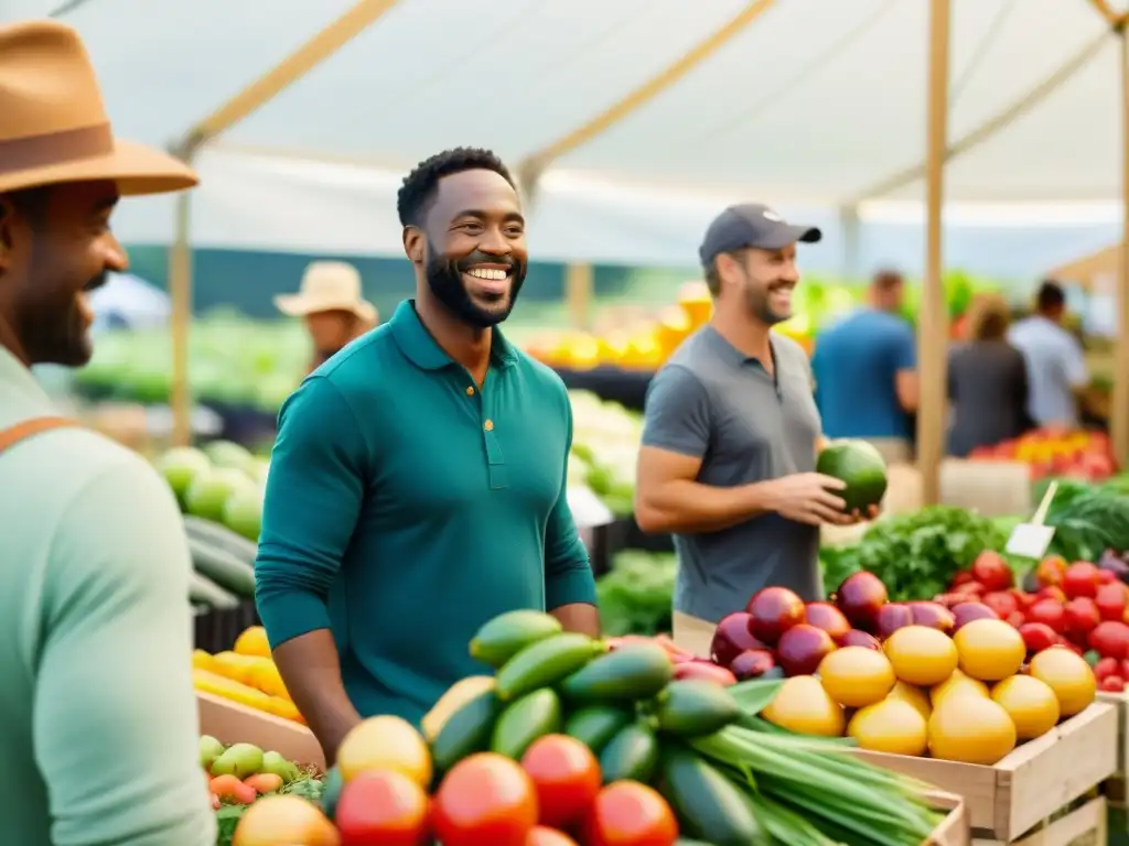 Consumidores sonrientes exploran productos frescos en una feria orgánica, creando una conexión auténtica entre productores y consumidores