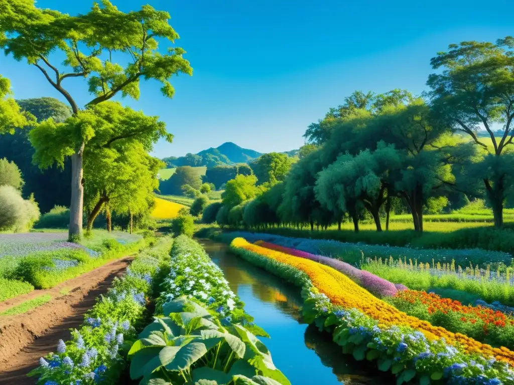 Consumo de alimentos orgánicos beneficios: Granja orgánica con cultivos coloridos, aves y arroyo, reflejando armonía natural