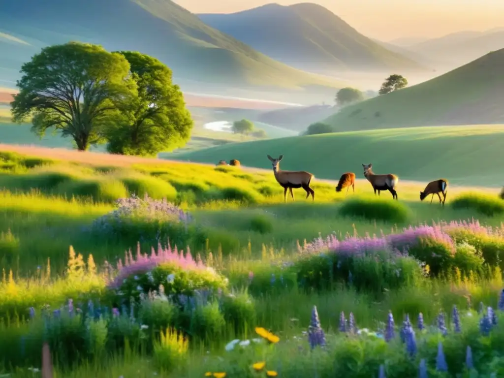 Consumo de alimentos orgánicos beneficios: Prado verde exuberante con flores silvestres coloridas, abejas y mariposas, y una familia de ciervos