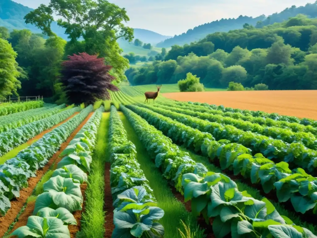 Una convivencia armoniosa entre la agricultura orgánica y la vida silvestre se manifiesta en un campo exuberante y sereno