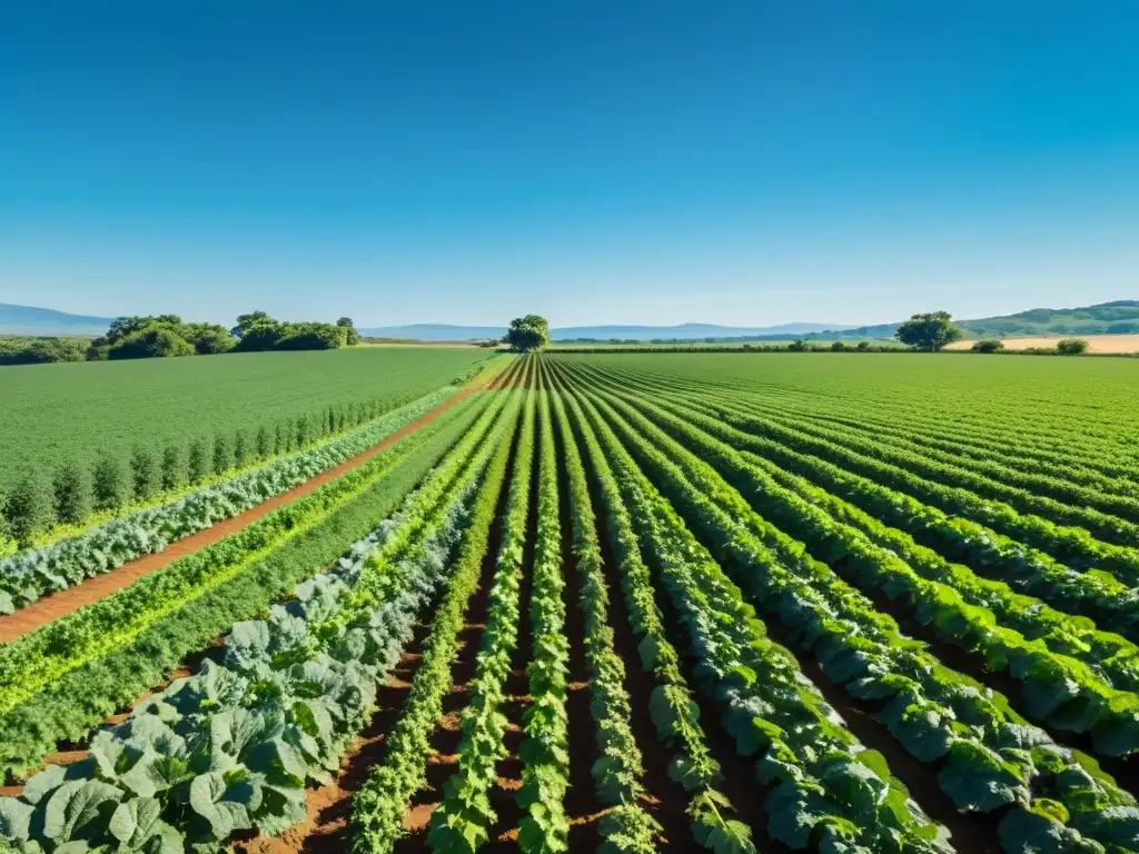 Convivencia armoniosa: campos verdes de agricultura orgánica bajo el cielo azul, con animales silvestres compartiendo el entorno pacíficamente