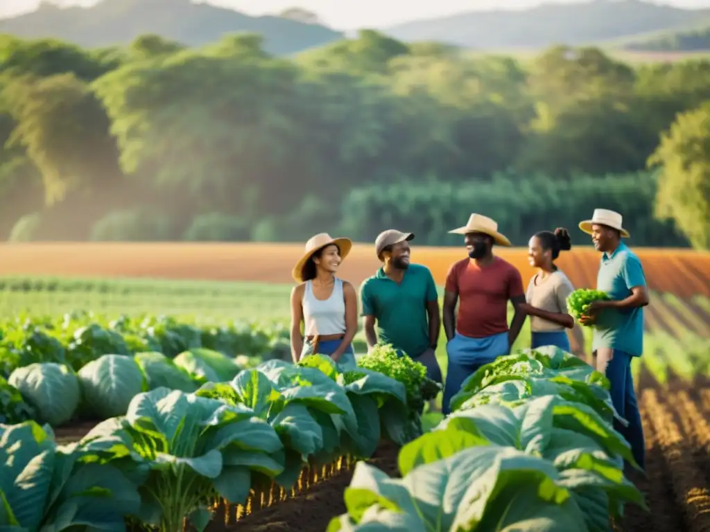 Cooperativa de agricultores cosechando productos orgánicos en un campo soleado, transmitiendo comunidad y cooperación