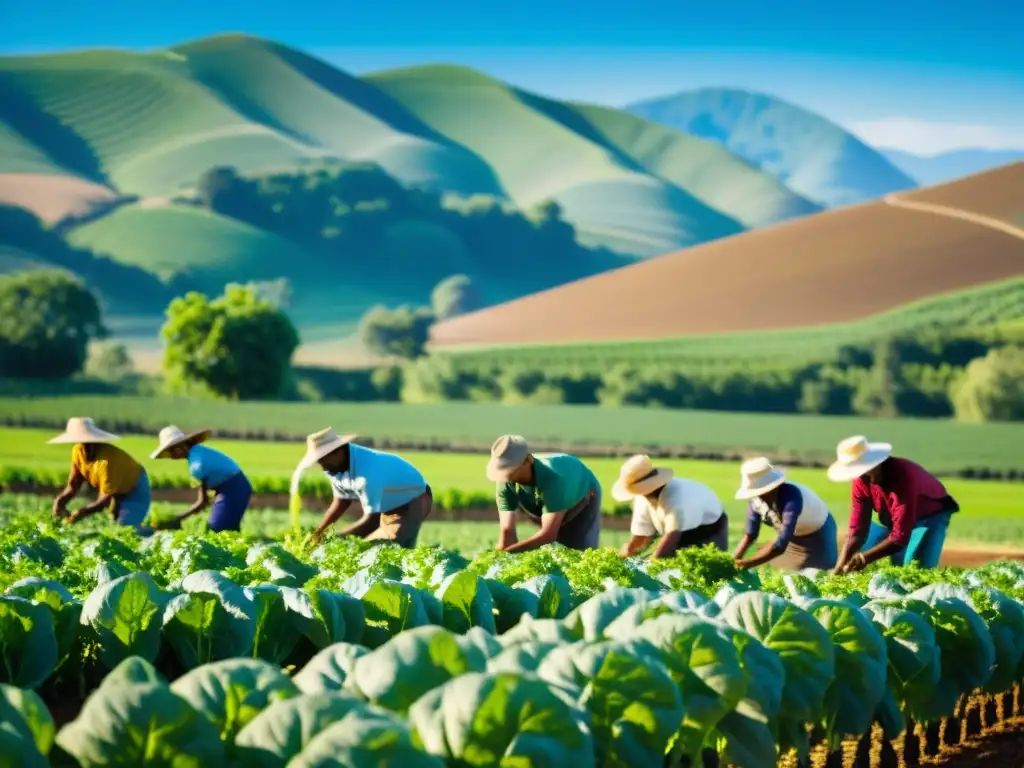 Cooperativas en la agricultura orgánica: grupo de agricultores diversos trabajando en armonía en un campo verde y exuberante bajo el sol