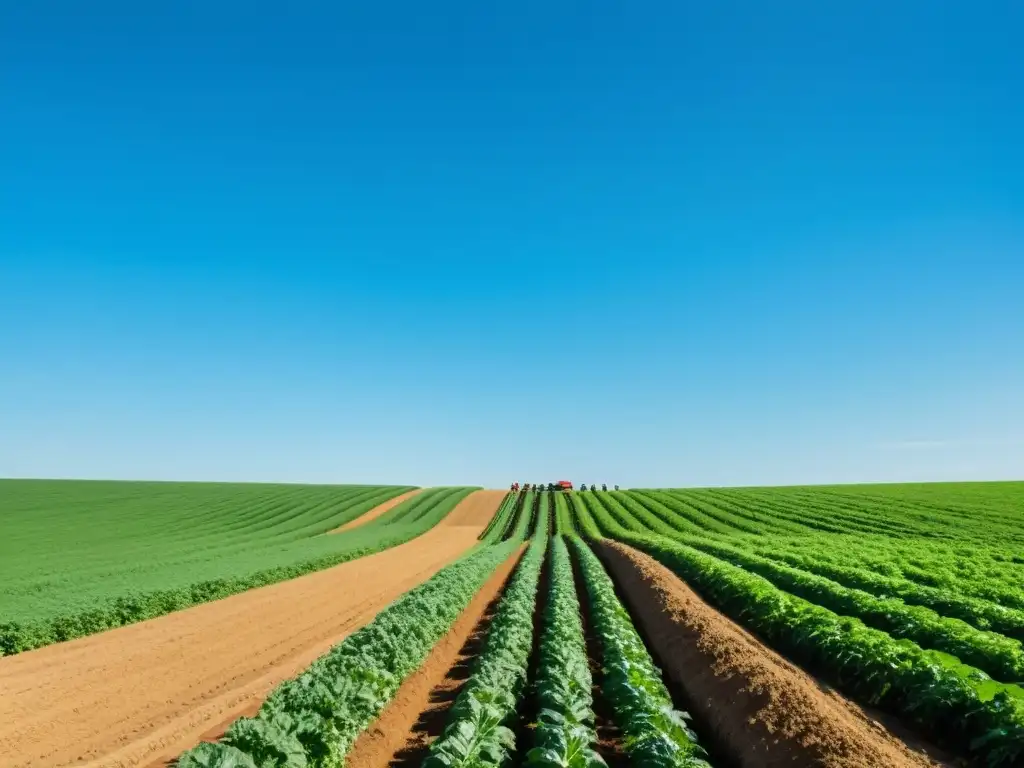 Cooperativas en la industria orgánica: Agricultores trabajando en armonía en un campo exuberante bajo un cielo azul claro