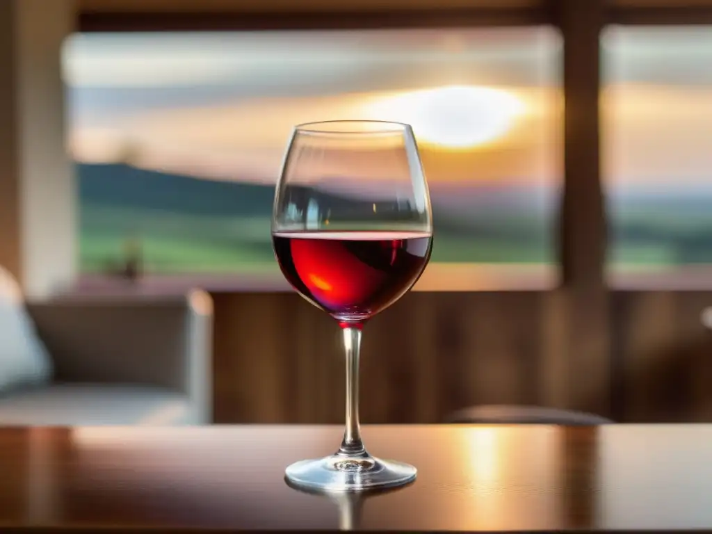 Una copa de vino tinto orgánico en mesa de madera iluminada