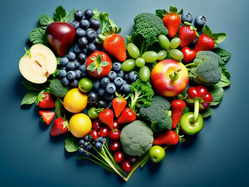 Un corazón de frutas y verduras orgánicas vibrantes como fresas rojas, arándanos maduros y col rizada verde, muestra la belleza y beneficios para la salud cardiovascular de los alimentos orgánicos