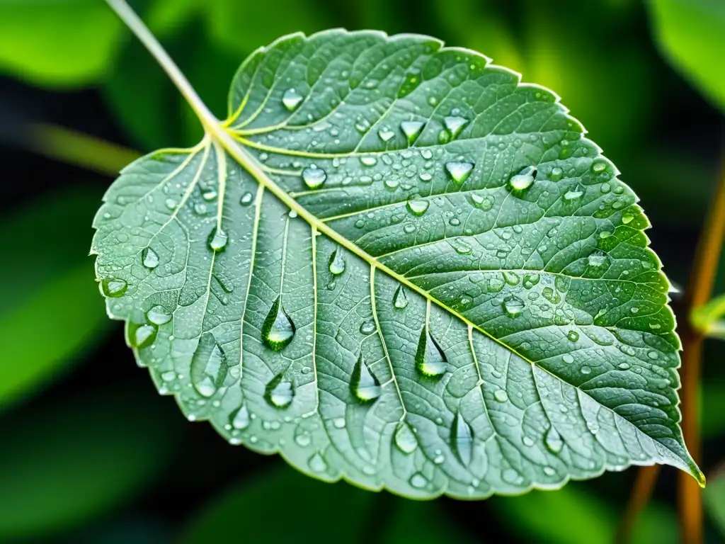 Cosecha de agua de lluvia: Detalle de gotas de lluvia en hojas verdes, reflejando el entorno con claridad cristalina