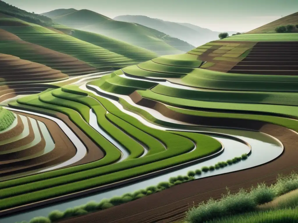 Cosecha de agua de lluvia en ilustración de paisaje sostenible para agricultura orgánica