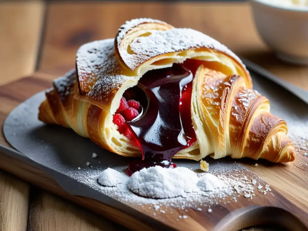 Un croissant dorado sobre tabla de madera, con capas visibles y azúcar glas