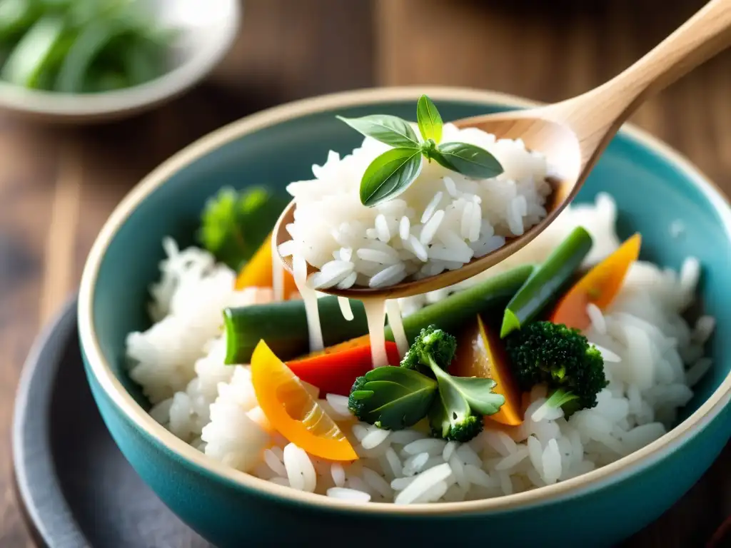 Una cuchara de madera prepara arroces orgánicos del mundo en un plato exquisito con vegetales y hierbas vibrantes