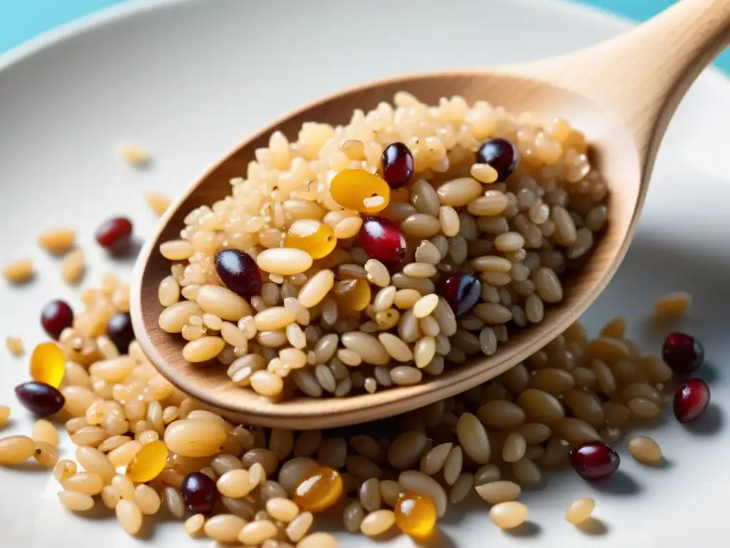 Una cuchara de madera recoge granos integrales orgánicos cocidos en un fondo blanco limpio