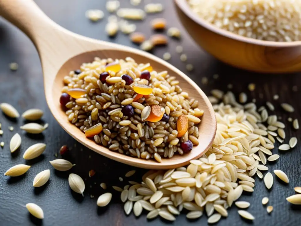 Una cuchara de madera llena de granos integrales orgánicos, evocando la esencia de recetas con granos integrales orgánicos