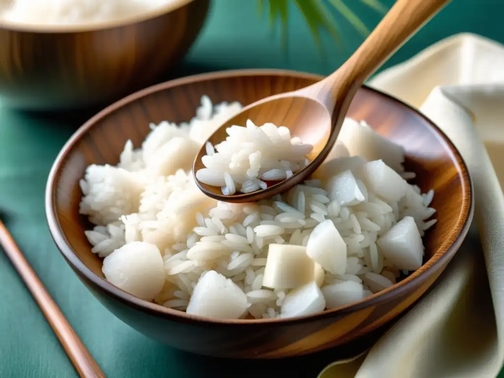 Una cuchara de madera levanta un montón de arroz con coco orgánico, con cada grano brillante y separado