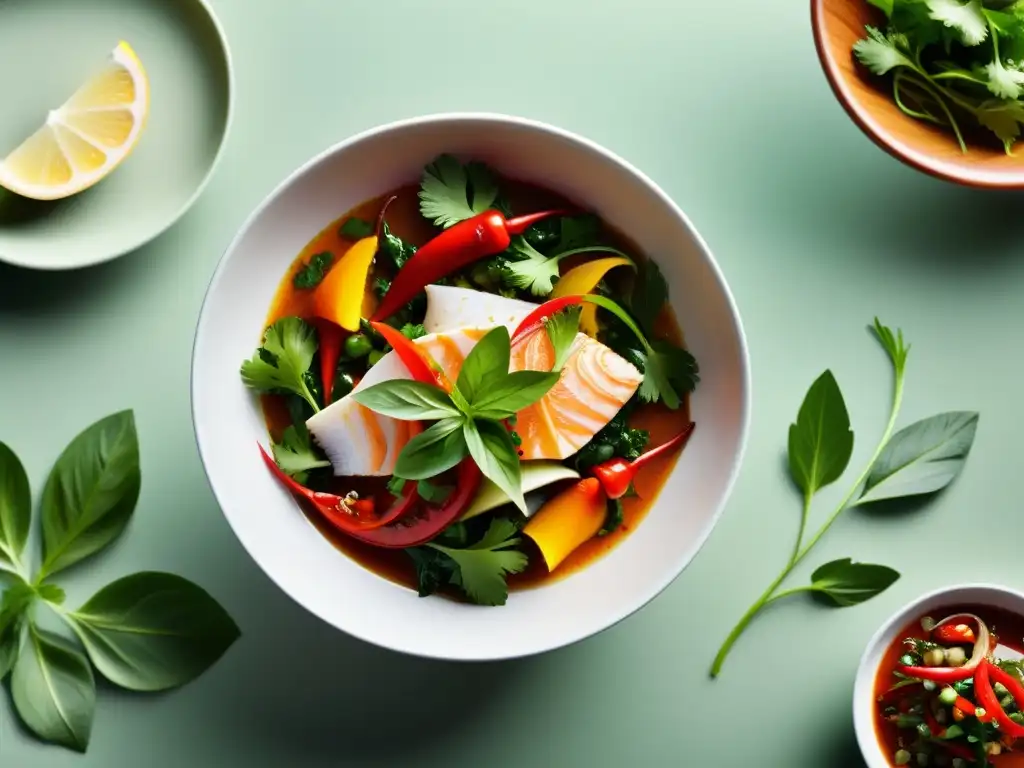 Un cuenco blanco rebosante de ceviche de pescados orgánicos sostenibles, con marinada cítrica y decorado con cilantro y chiles rojos