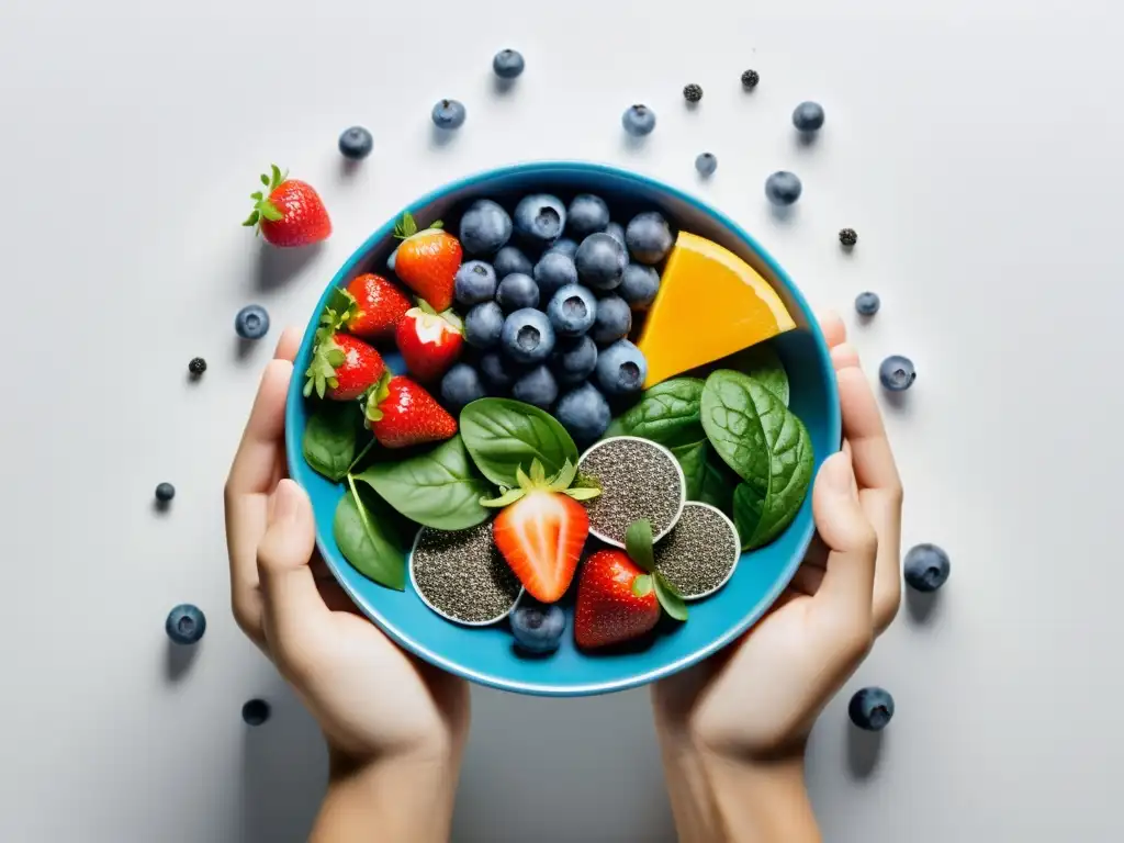 Cuenco de superalimentos orgánicos para niños, con bayas, espinacas y semillas de chía, presentados de forma vibrante y simétrica en un fondo blanco