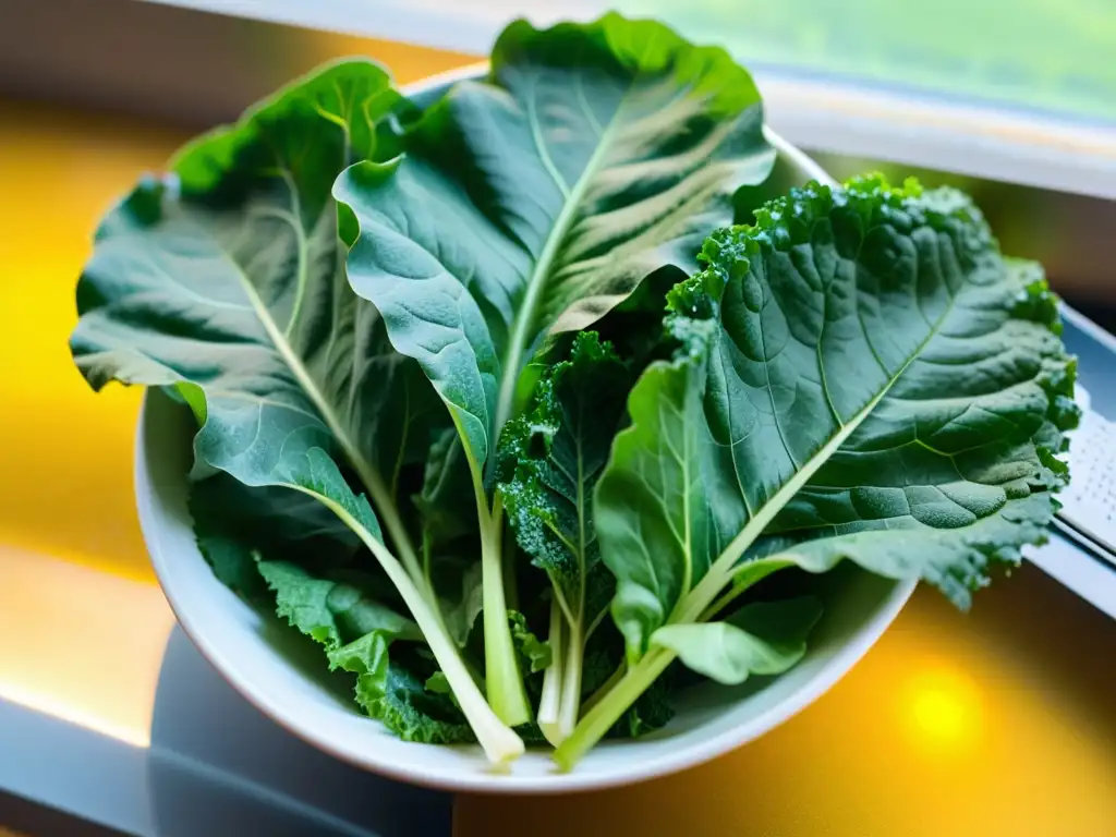 Un cuenco de vegetales verdes frescos y vibrantes, como kale, espinacas y acelgas suizas, bañados por la luz dorada del sol