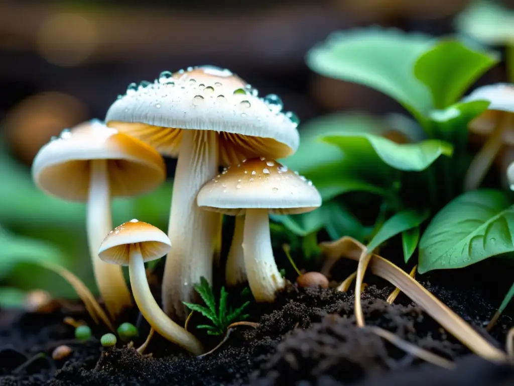 Cultivo de hongos orgánicos en clima húmedo: imagen de hongos en suelo oscuro con gotas de agua y luz natural