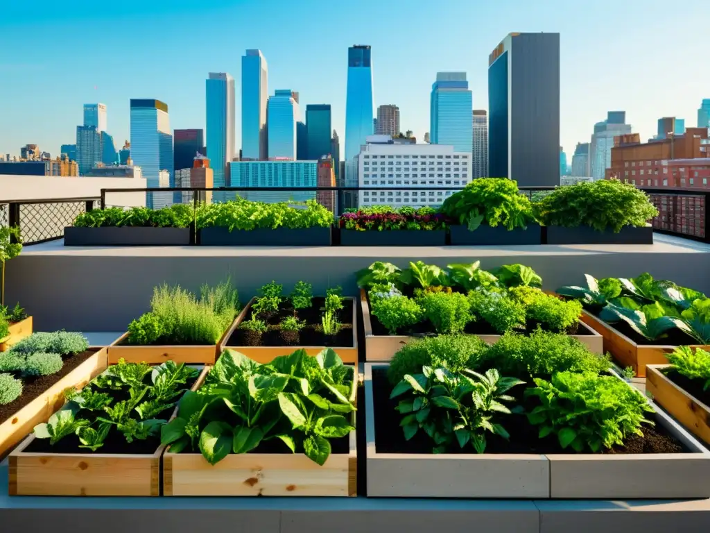 Un jardín de cultivo orgánico en azoteas urbanas con exuberante vegetación y la ciudad de fondo, evocando tranquilidad y abundancia natural