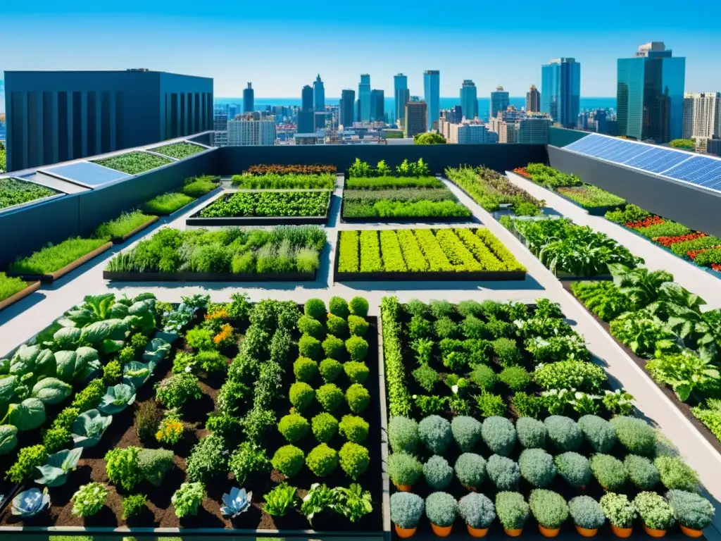 Cultivo orgánico en azoteas urbanas: Un impresionante jardín verde en contraste con la ciudad, lleno de plantas vibrantes y saludables