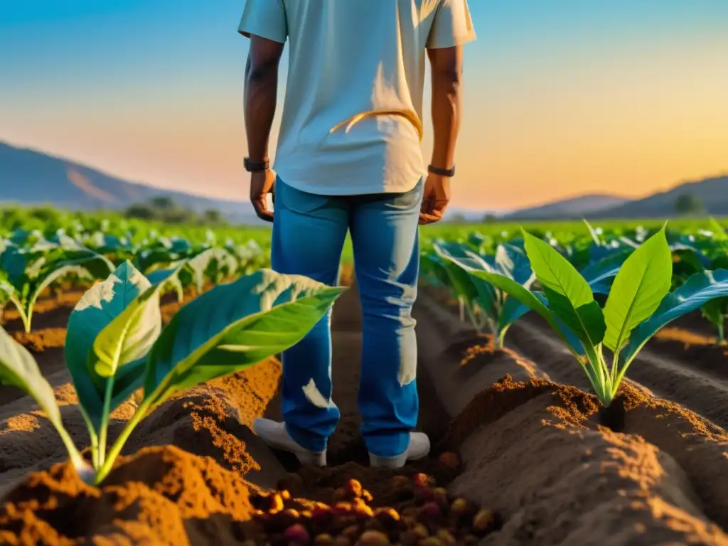 Un cultivo orgánico próspero, bañado por la luz dorada del atardecer, refleja tranquilidad y abundancia a pesar del estrés hídrico