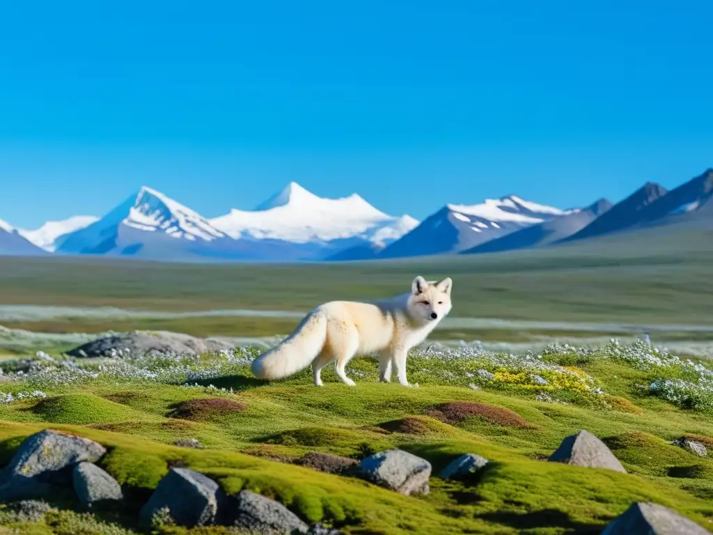 Cultivo orgánico en la tundra: Paisaje desolado de la tundra con montañas nevadas, musgo verde y zorros árticos