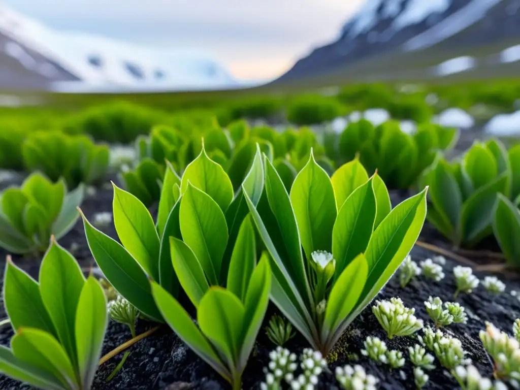 'Cultivo orgánico en la tundra: Detalle de plantas verdes vibrantes en el gélido paisaje ártico, destacando su belleza y resiliencia