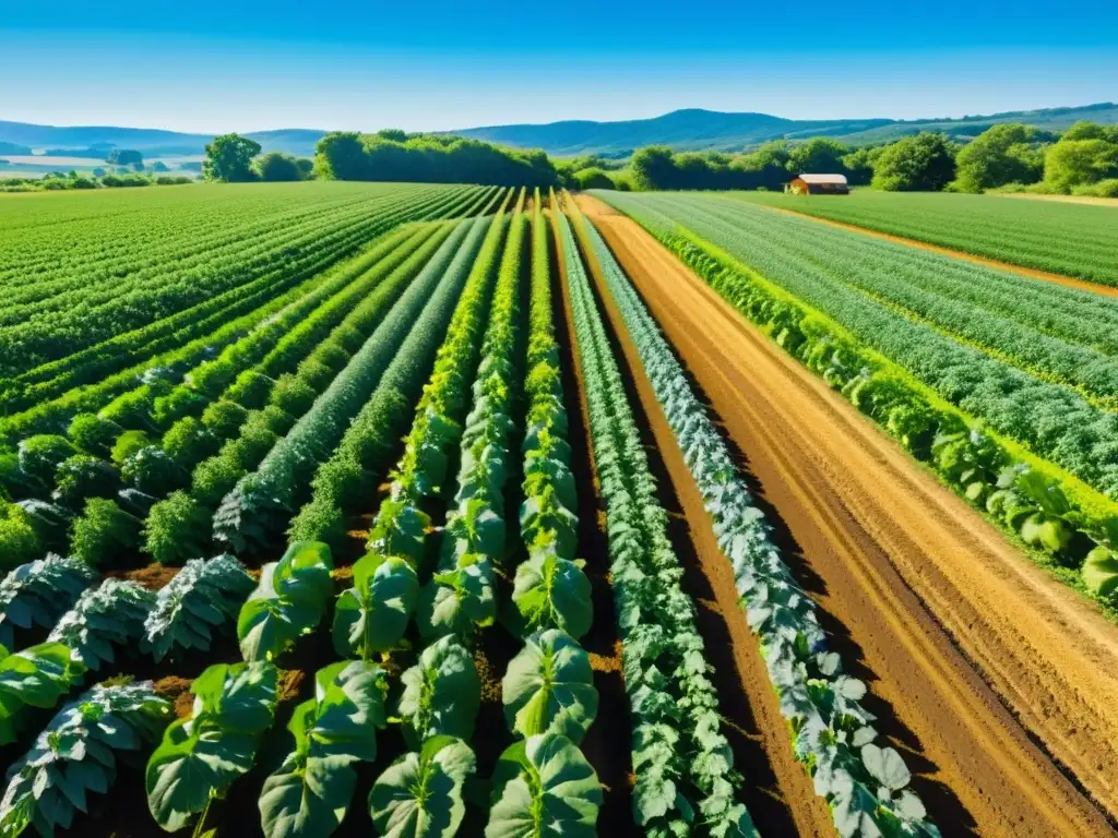 Biorremediación en cultivos orgánicos: Un campo verde exuberante con cultivos vibrantes y saludables bajo un cielo azul claro