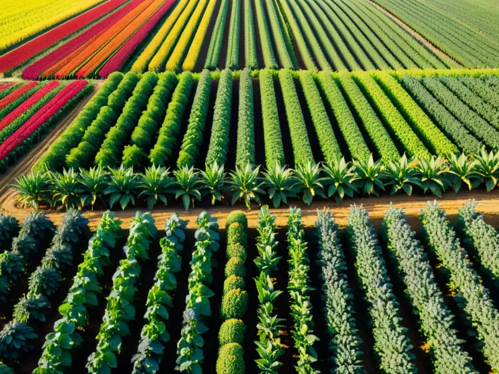 Planificación de cultivos orgánicos en un campo vibrante y ordenado, bañado por la cálida luz del sol al atardecer