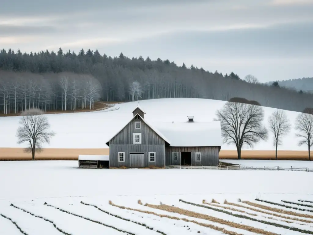 Cultivos orgánicos en climas fríos: Granja cubierta de nieve con árboles desnudos y casa de madera al fondo, transmitiendo serenidad invernal