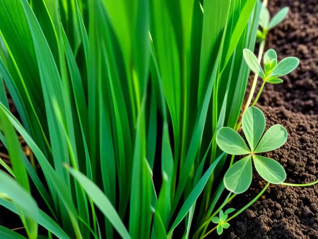 Cultivos orgánicos de cobertura beneficios: Vibrante cultivo verde en suelo oscuro, con luz solar filtrándose entre las hojas