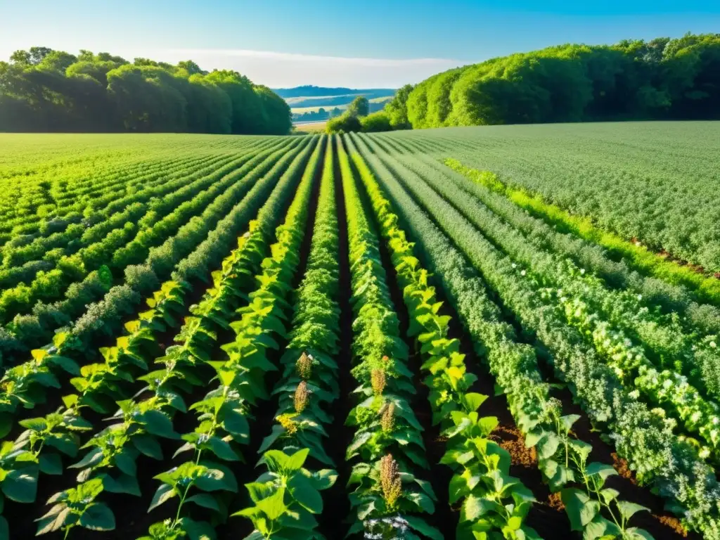 Cultivos orgánicos de cobertura beneficios: Un campo exuberante y vibrante con filas de plantas saludables, abejas y mariposas entre ellas