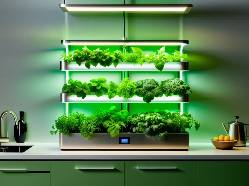 'Cultivos orgánicos en espacios reducidos: Detalle de huerto hidropónico en cocina moderna, destacando verduras verdes y estética futurista