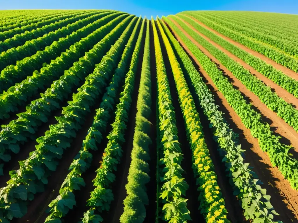 Biorremediación en cultivos orgánicos: Una granja orgánica próspera y exuberante, con filas de cultivos verdes bajo un cielo azul claro